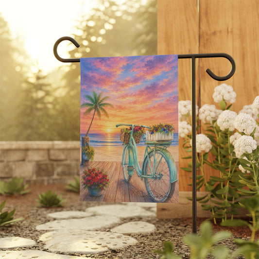 Coastal Sunset Bicycle Garden Flag – Colorful Beach House Welcome Banner